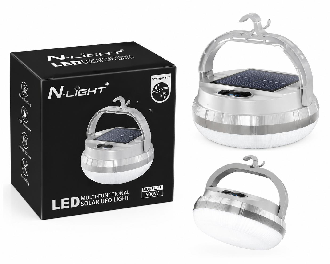 چراغ خورشیدی شارژی UFO مدل N-LIGHT 58 | لامپ LED خورشیدی چند منظوره 500 وات