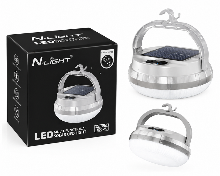 چراغ خورشیدی شارژی UFO مدل N-LIGHT 58 | لامپ LED خورشیدی چند منظوره 500 وات