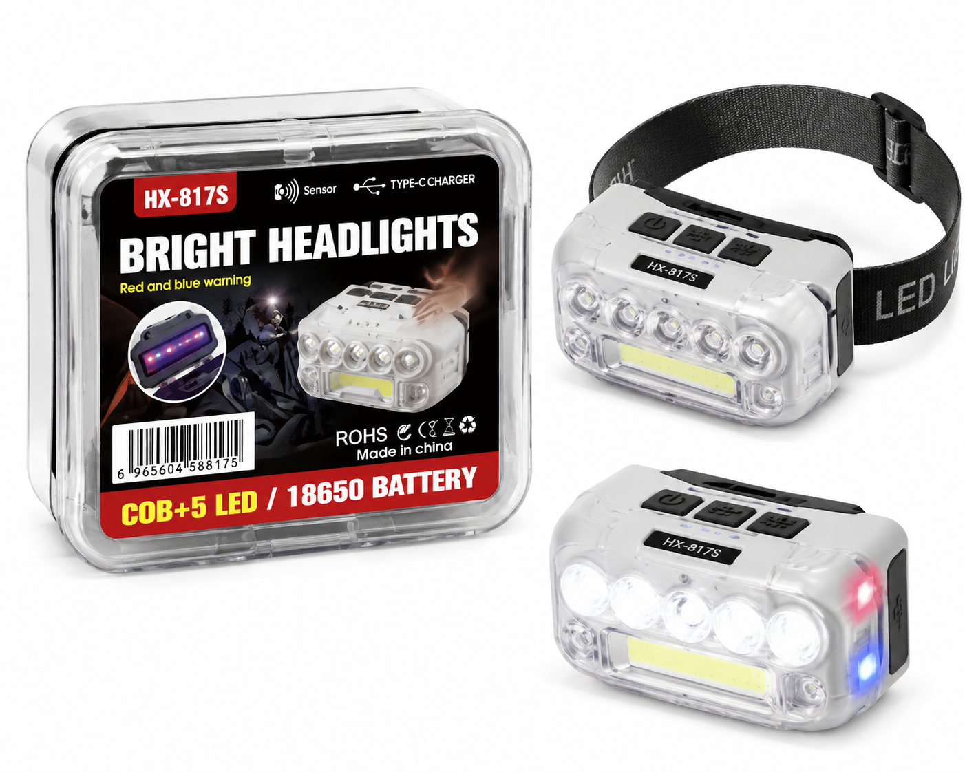هدلایت شارژی HX-817S | چراغ پیشانی LED سنسوردار COB + 5 LED با باتری 18650 و شارژ Type-C