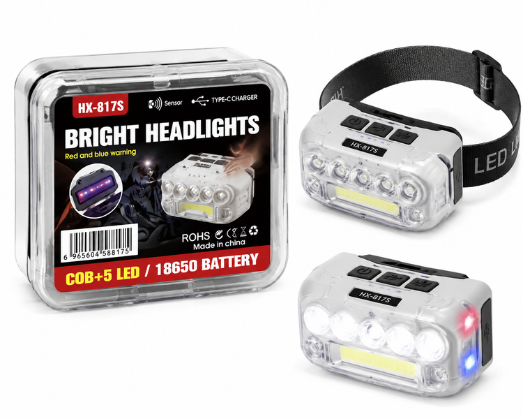 هدلایت شارژی HX-817S | چراغ پیشانی LED سنسوردار COB + 5 LED با باتری 18650 و شارژ Type-C