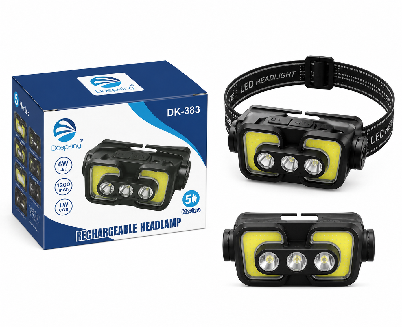 هدلایت شارژی دیپ کینگ Deepking مدل DK-383 | چراغ پیشانی LED با نور COB و 5 حالت روشنایی