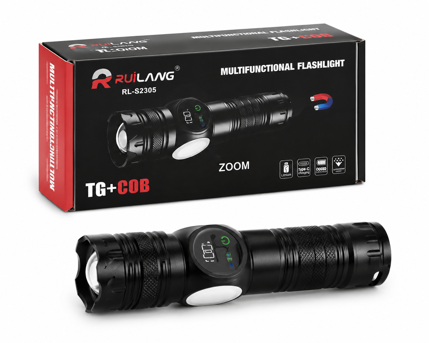 چراغ قوه شارژی RUILANG مدل RL-S2305 | چراغ LED زوم‌دار TG+COB با باتری 26650 و شارژ Type-C