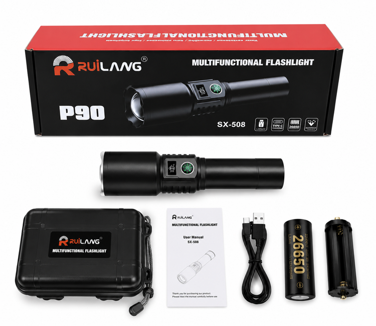 چراغ قوه شارژی RUILANG مدل SX-508 P90 | نورافکن LED چندکاره با باتری 26650 و شارژ Type-C