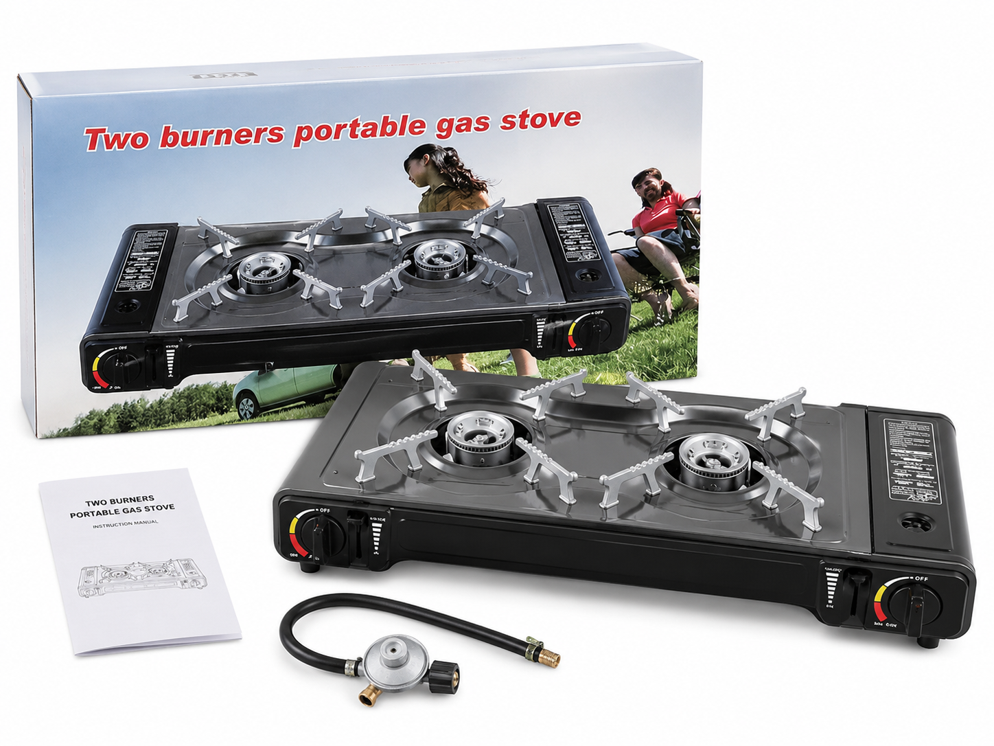اجاق گاز سفری دو شعله کمپینگ با شلنگ و رگلاتور مدل Portable Gas Stove مناسب طبیعت‌گردی
