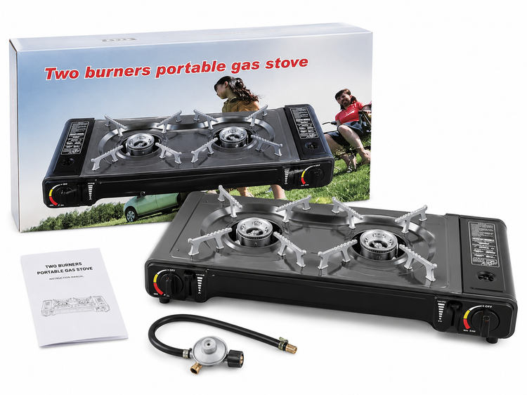 اجاق گاز سفری دو شعله کمپینگ با شلنگ و رگلاتور مدل Portable Gas Stove مناسب طبیعتگردی