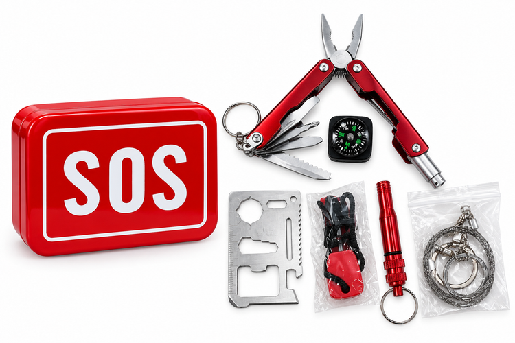 کیت بقا و ابزار چندکاره کمپینگ SOS با مولتیتول و قطبنما